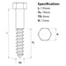 Size guide for the M8 x 130mm Coach Screw in A4 Stainless Steel DIN 571