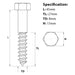 Size diagram for the M8 x 45mm Coach Screw A4 Stainless Steel DIN 571
