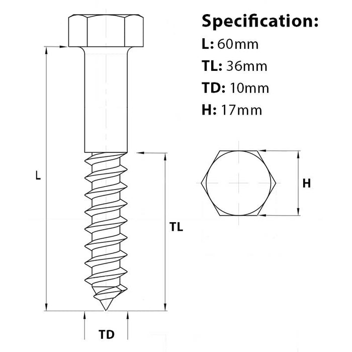 Screw guide for M10 x 60mm Coach Screw A2 Stainless Steel DIN 571