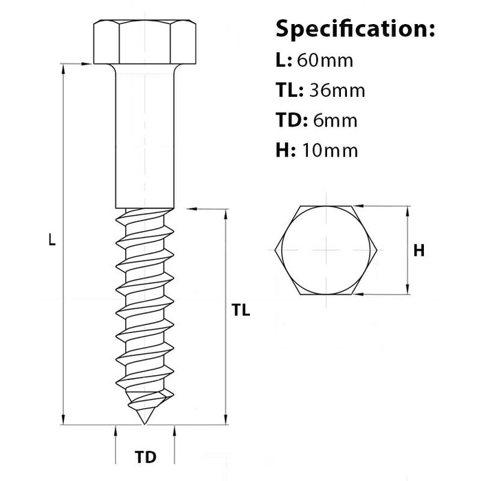 Screw guide for M6 x 60mm Coach Screw A2 Stainless Steel DIN 571