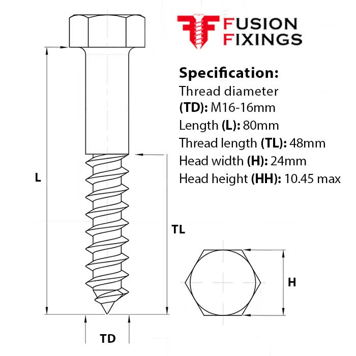 M16 x 80mm Hex Head Coach Screw BZP DIN 571