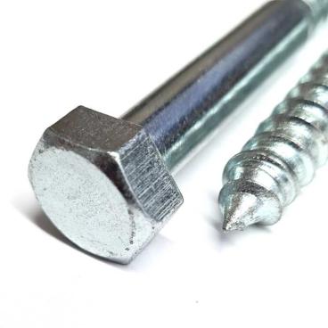 Detail image for the BZP coach screws from Fusion Fixings showing the deep coarse thread and the hexagon head.
