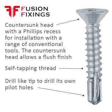 Information panel for Self drilling screw, countersunk, 4.8mm (No.10) x 80mm, BZP, DIN 7504