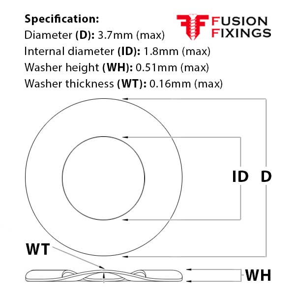 Size guide for the M1.6 Crinkle Washer, A2 Stainless Steel BS 4463
