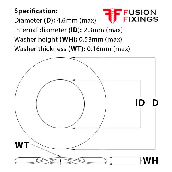 Size guide for the M2 Crinkle Washer, A2 Stainless Steel BS 4463. Part of a growing range of washers available from Fusion Fixings