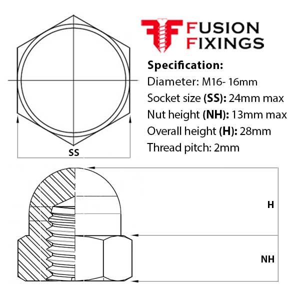 Size guide for the M16 Hex Dome Nut, Metric, A2 (304) Stainless Steel, DIN 1587
