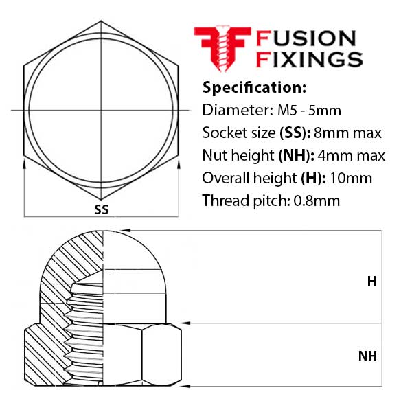 Size guide for the M5 Hex Dome Nut, Metric, A2 (304) Stainless Steel, DIN 1587