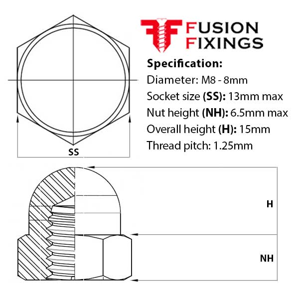 M8 Hex Dome Nut, Metric, A2 (304) Stainless Steel, DIN 1587