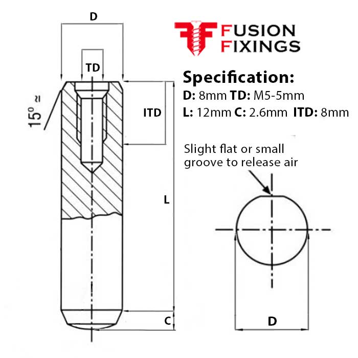 Info image for 8mm (M5) x 12mm Extractable Dowel Pin, Metric, Hardened & Ground Steel, Self-Colour, DIN 7979D 