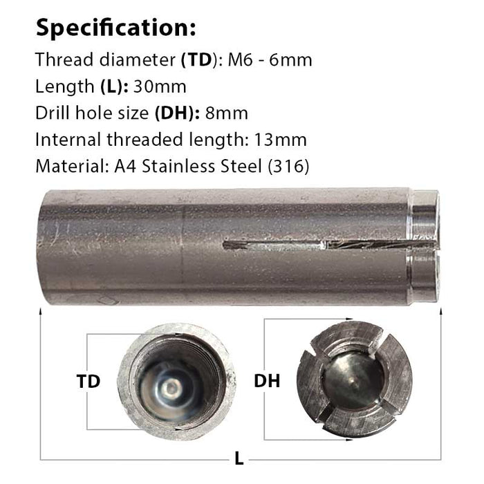 Size guide for the M6 (8mm) x 30mm JCP Drop-In Anchor, A4 Stainless Steel (DSSM06)