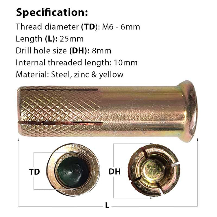 Size guide for the M6 (8mm) x 25mm JCP Lipped Drop-In Anchor, Zinc &amp; Yellow (DBM06SH)