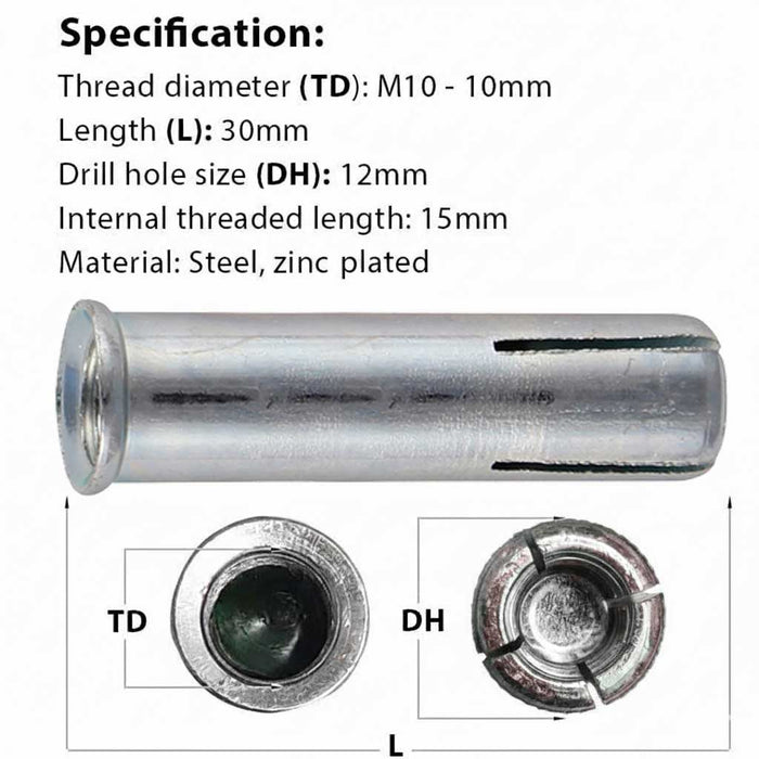 M10 (12mm) x 30mm Timco Lipped Drop-In Anchor Zinc Plated - Box of 50 (1030LWA)