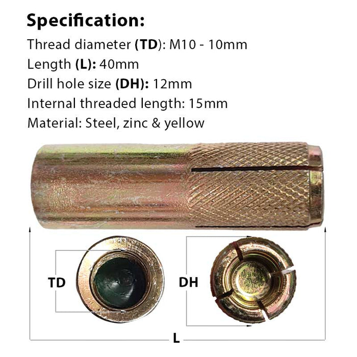 M10 (12mm) x 40mm JCP Drop-In Anchor, Zinc Yellow, bulk discounts