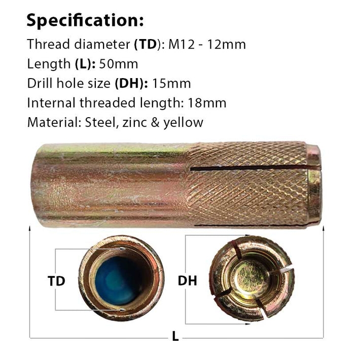 Size guide for the M12 (15mm) x 50mm JCP Drop-In Anchor, Zinc & Yellow (DBM12)