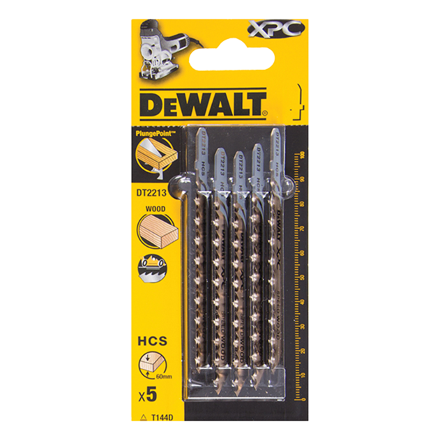 Pack image of the 100mm DeWalt jigsaw blades for wood, T144D, HCS - Pack of 5 (DT2213-QZ) - CLEARANCE