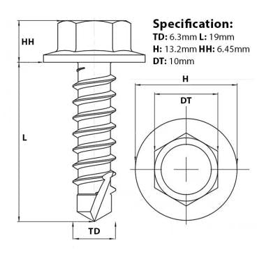 6.3mm (No.14) x 19mm, flanged hex head self drilling screw (TEK), BZP, DIN 7504 K screw guide
