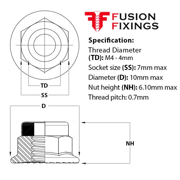 Size guide for the M4 Serrated Flange Nyloc Nut, A2 Stainless Steel, DIN 6926