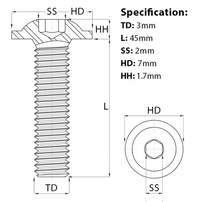 M3 x 45mm Flanged Socket Button Head Screw A2 Stainless ISO 7380-2 screw guide 