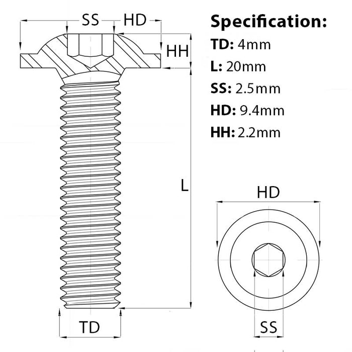 M4 x 20mm Flanged Socket Button Head Screw A2 Stainless ISO 7380-2 screw guide