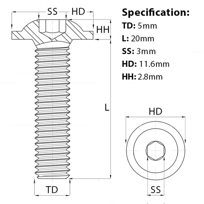 M5 x 20mm Flanged Socket Button Head Screw A2 Stainless ISO 7380-2 screw guide