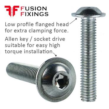 Part of a growing range of flanged button head screws from Fusion Fixings. The image shows key points of the BZP M10 x 35mm flanged socket button head screw from Fusion Fixings