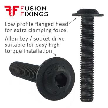 Part of a growing range of machine screws from Fusion Fixings. The image shows key points of the M8 x 12mm flanged socket button head screw from Fusion Fixings