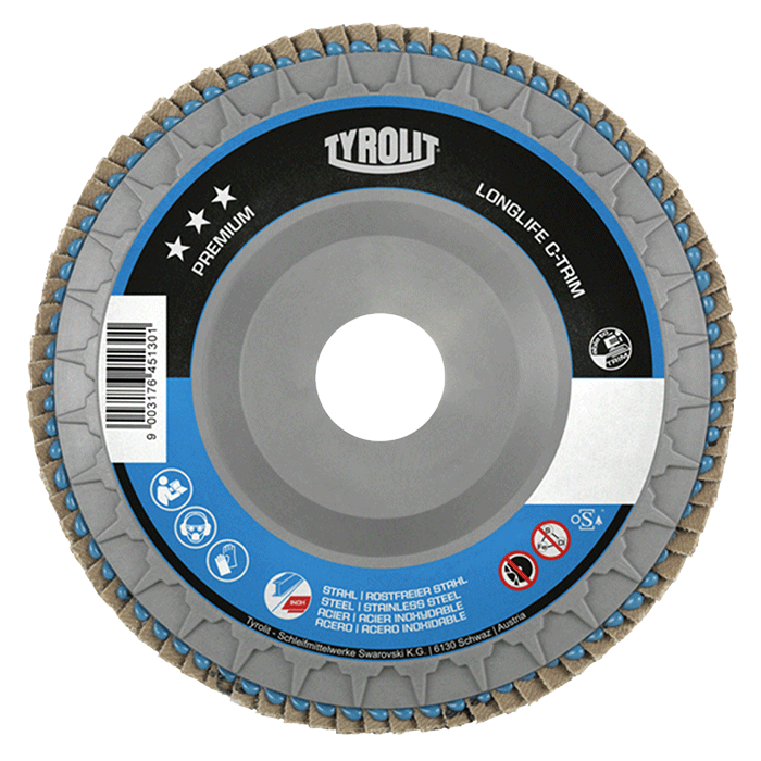 Tyrolit 40 Grit Flap Discs, 115mm PREMIUM Long Life C-TRIM Flap Discs, 28N, ZA40T-B (Pack of 10)