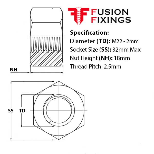 M22 Course Thread M22 Hex Nut, A2 (303) Stainless Steel, Hexagon Full Nut, DIN 934