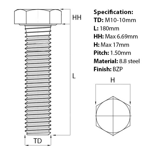 M10 x 180mm Hex Set Screw (Fully Threaded Bolt) 8.8 high tensile steel, BZP, DIN 933 screw guide