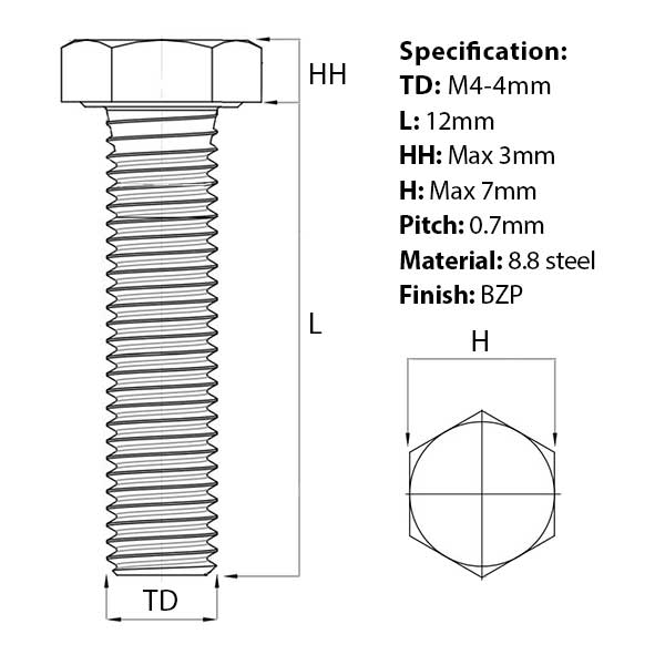 Size diagram for the M4 x 12mm Set Screw (Fully Threaded Bolt) BZP DIN 933 from Fusion Fixings