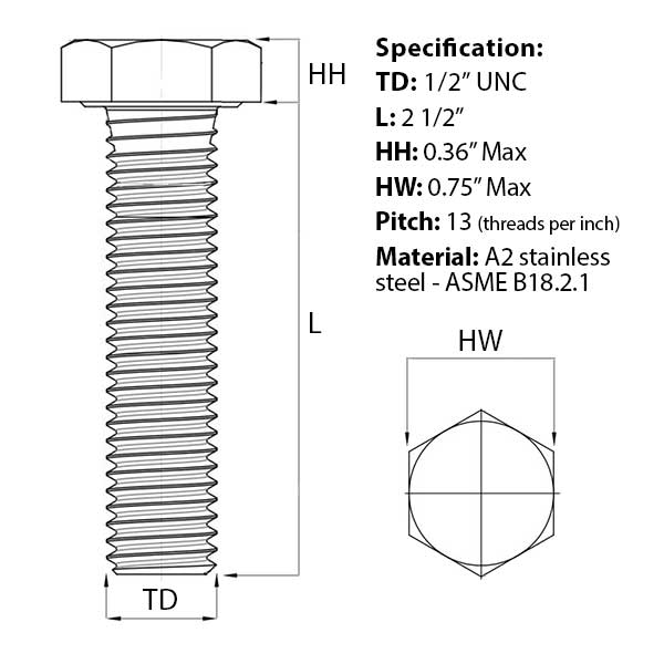 Size guide for the 1/2 UNC x 2 1/2″ Hex Set Screw (Fully Threaded Bolt) A2 Stainless Steel, ASME B18.2.1