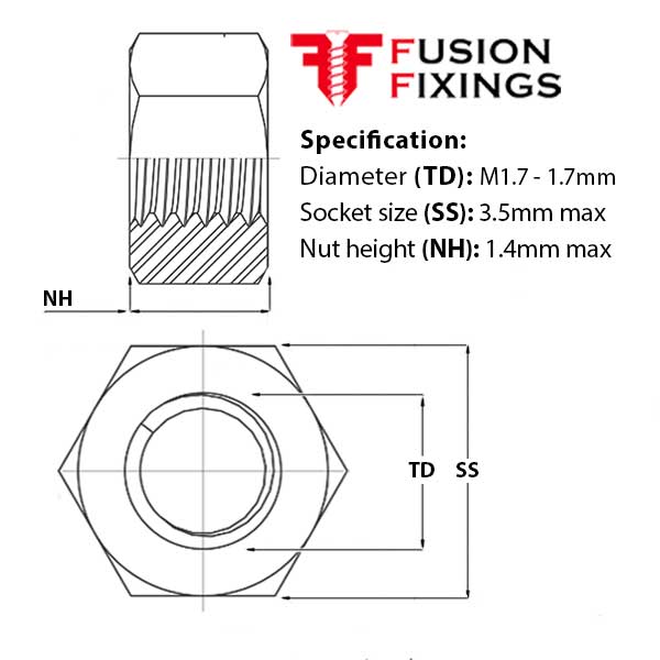 Size guide for the M1.7 Hex Full Nut Metric A4 (316) Stainless Steel, DIN 934