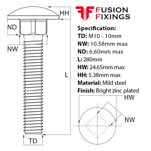 Size guide for the M10 x 280mm Coach Bolt (Carriage Bolt) & Nut BZP DIN 603