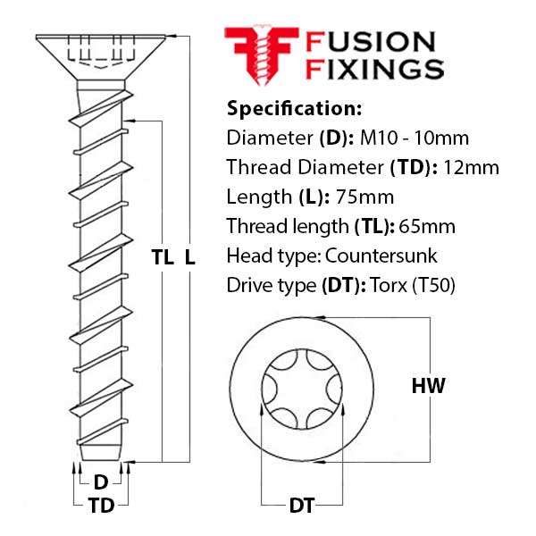 Size guide for the M10 (12mm) x 75mm Countersunk Ankerbolt, Concrete Bolt, Torx (T50) Grade 8.8 BZP
