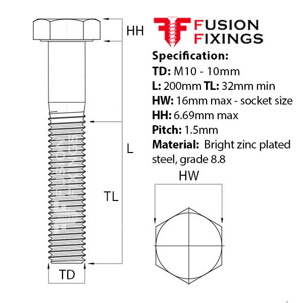 M10 x 200mm Hex Bolt (Part Threaded Bolt) BZP, DIN 931 Grade 8.8