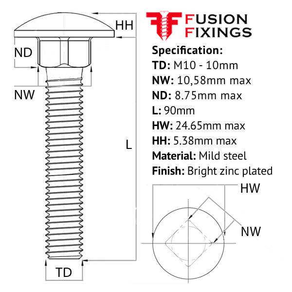 Size guide for the M10 x 50mm Coach Bolt (Carriage Bolt) & Nut BZP DIN 603)