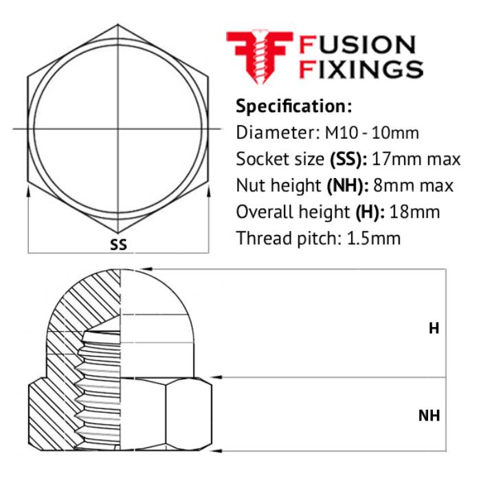Size guide for M10 Hex Dome Nut, Metric, A4 (316) Stainless Steel, DIN 1587