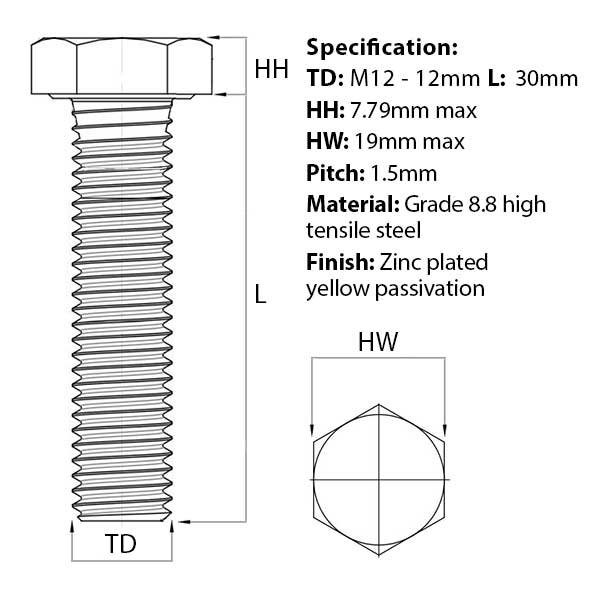 Size guide for the M12 x 30mm Hex Set Screw, metric fine thread (Fully Threaded Bolt) Zinc Plated DIN 961