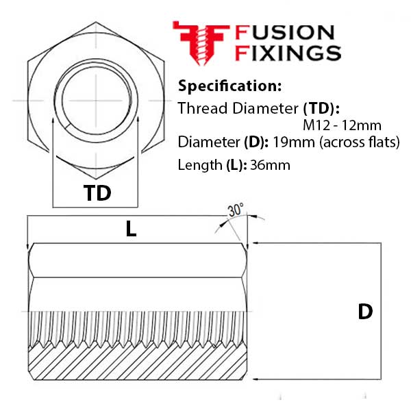 M12 x 36mm Hexagon Stud Connector Nut Steel BZP, DIN 6334