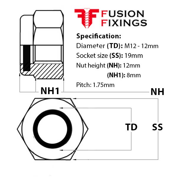M12 Nyloc Nut, Nylon Insert Nut - T Type (Standard) - Grade 8 Steel - HDGV Galvanised, DIN 985
