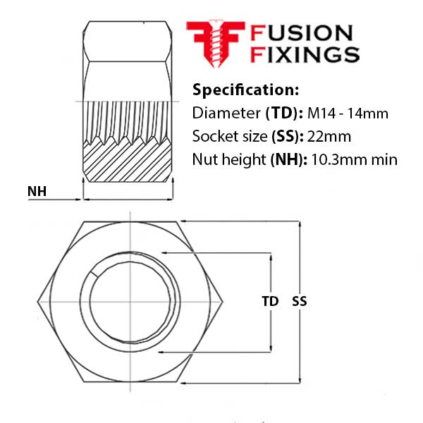 Size guide for the M14 Hex Full Nut, Metric Grade 8 Steel HDGV Galvanised (Tapped Oversize) DIN 934