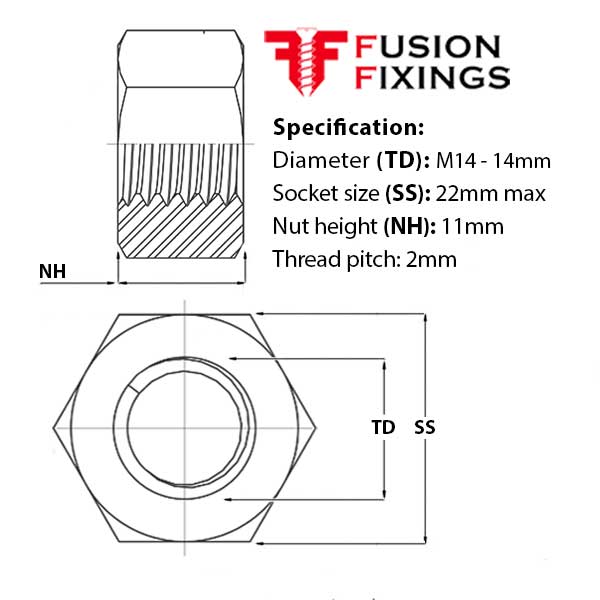 Size guide for the M14 Hex Full Nut Metric A2 (303) Stainless Steel, DIN 934