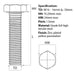Size guide for the M16 x 50mm Hex Set Screw, metric fine thread (Fully Threaded Bolt) Zinc Plated DIN 961