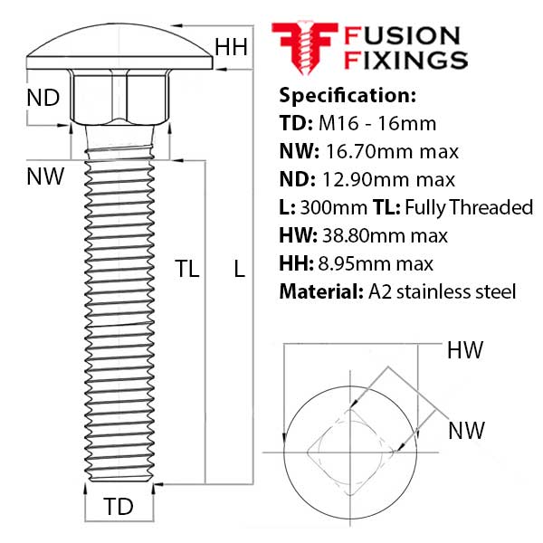 M16 x 300mm Carriage bolt (Coach Bolt), A2 (304) Stainless Steel, DIN 603