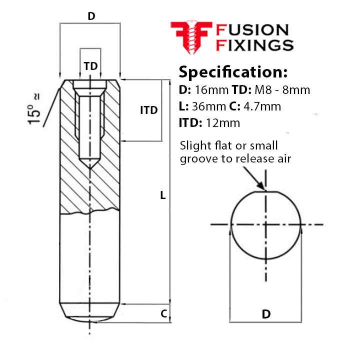 16mm (M8) x 36mm Extractable Dowel Pin, Metric, Hardened & Ground Steel, Self-Colour, DIN 7979D