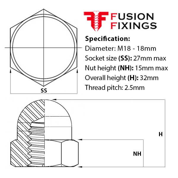Size guide for the M18 Hex Dome Nut, Metric, Class 6 Steel, BZP, DIN 1587