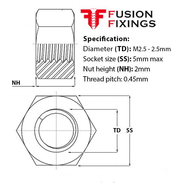 M2.5 Hex Full Nut Metric A2 (303) Stainless Steel, DIN 934
