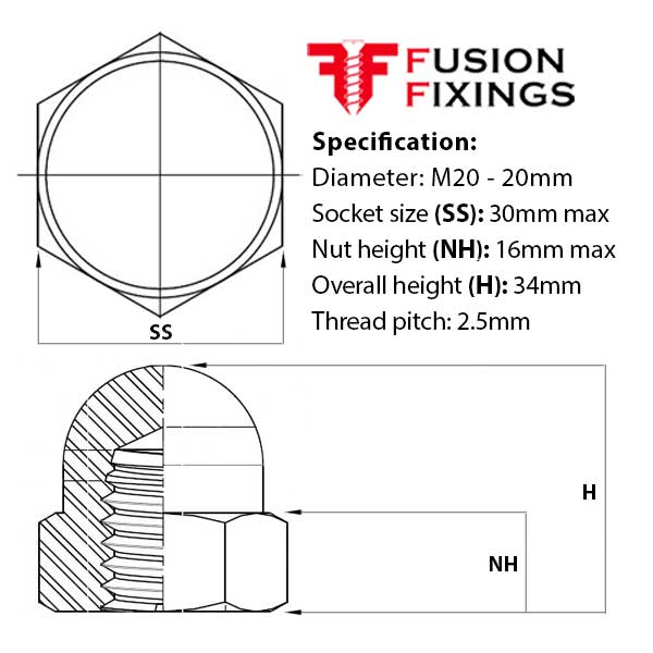 Size guide for the M20 Hex Dome Nut, Metric, Class 6 Steel, BZP, DIN 1587