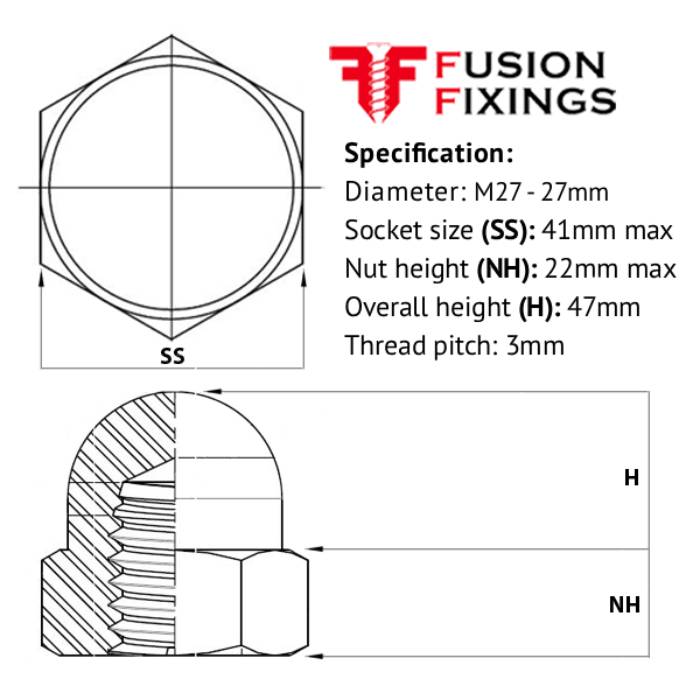 Size guide for the M27 Hex Dome Nut, Metric, A4 (316) Stainless Steel, DIN 1587