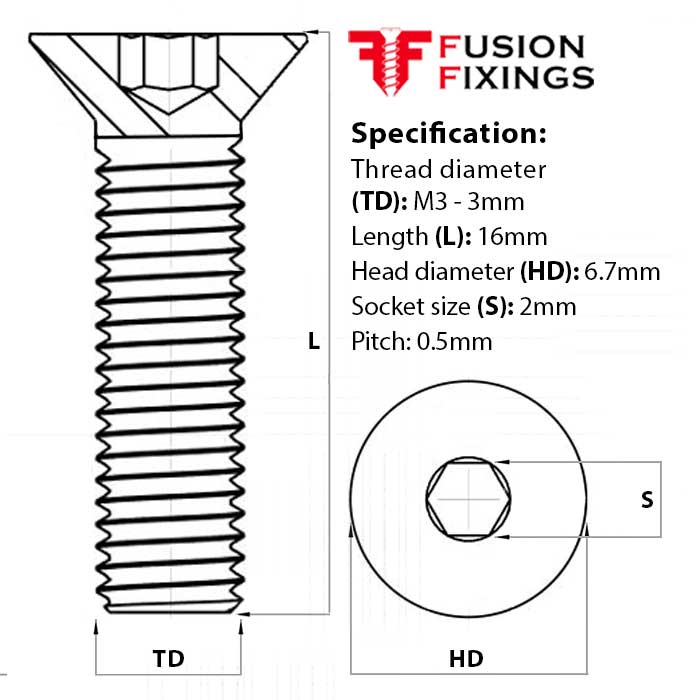 Size guide for the M3 × 16mm Socket Countersunk Machine Screw, A2 Stainless Steel – ISO 10642
